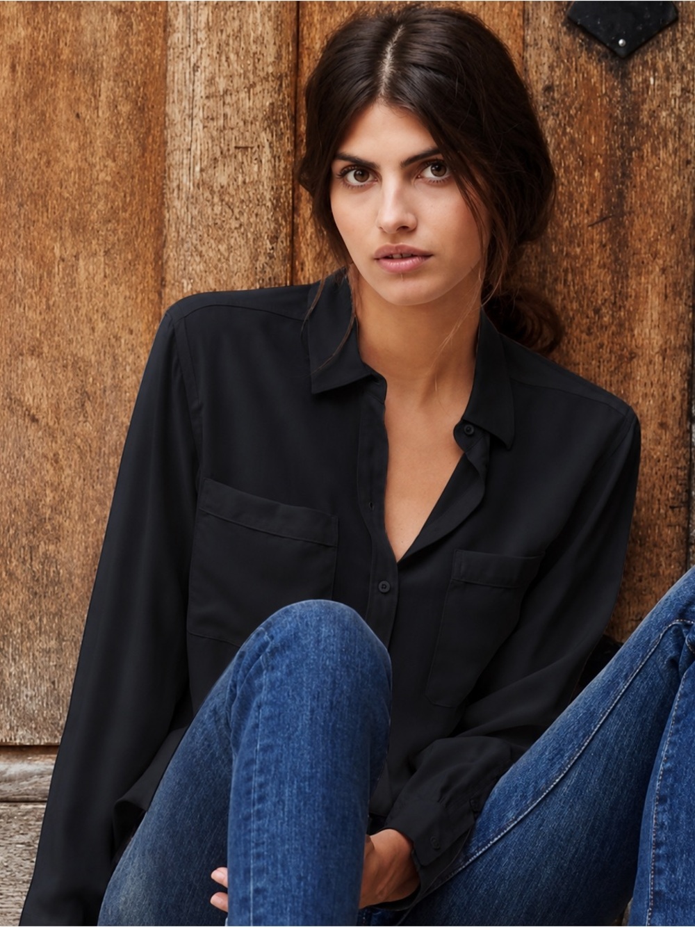 Sezane silk button down blouse in Black